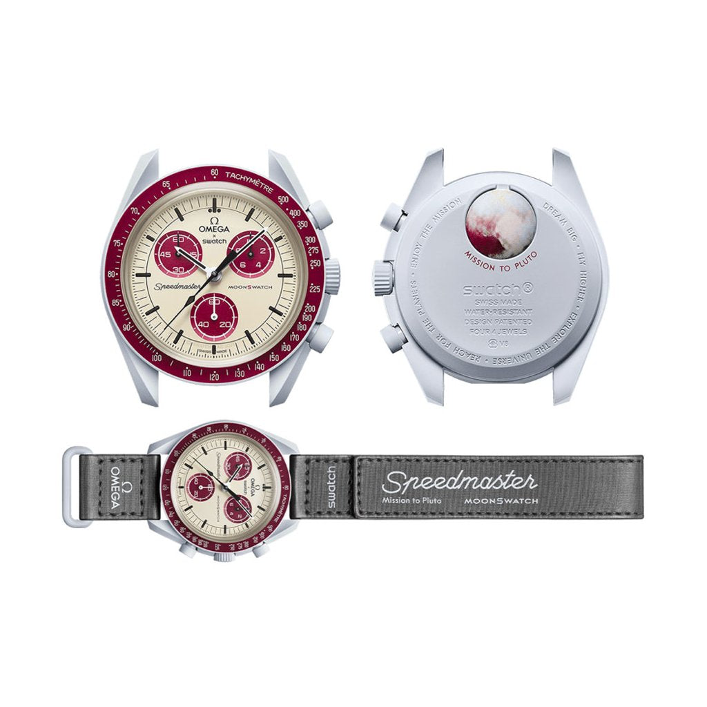 Swatch Omega x Moon Mission To Pluto Speedmaster Brownish Red and Tan Moonswatch