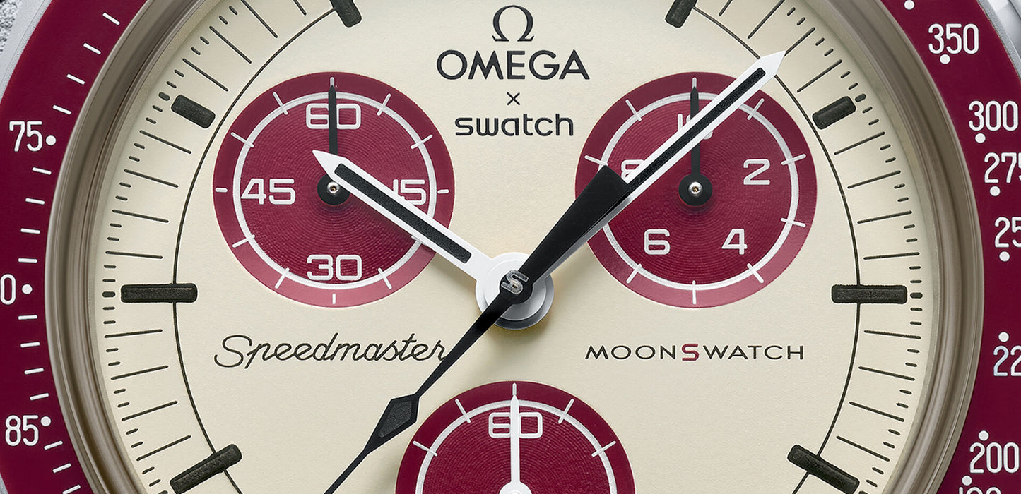 Swatch Omega x Moon Mission To Pluto Speedmaster Brownish Red and Tan Moonswatch