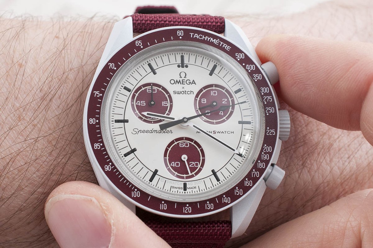 Swatch Omega x Moon Mission To Pluto Speedmaster Brownish Red and Tan Moonswatch