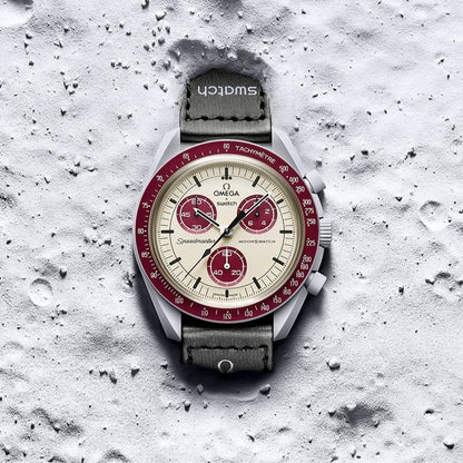 Swatch Omega x Moon Mission To Pluto Speedmaster Brownish Red and Tan Moonswatch