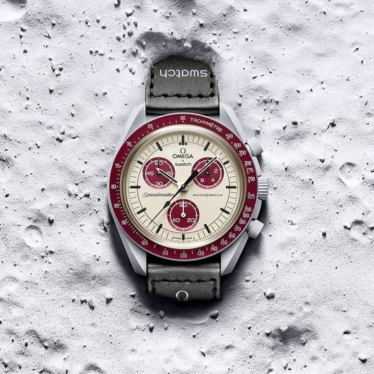 Swatch Omega x Moon Mission To Pluto Speedmaster Brownish Red and Tan Moonswatch