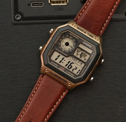 Casio vintage Digital brown leather strap watch