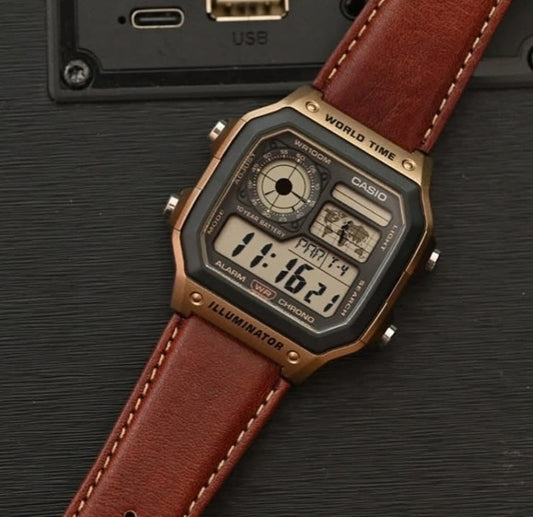 Casio vintage Digital brown leather strap watch
